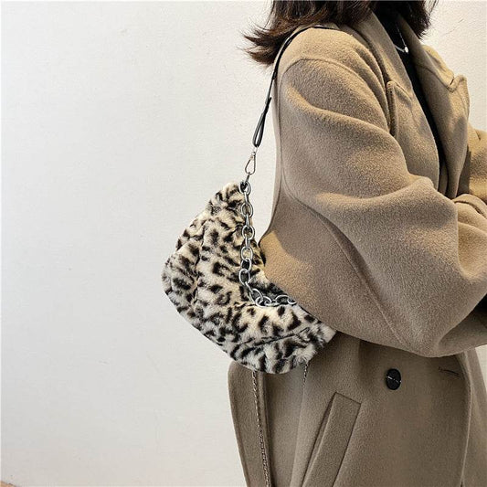Leopard Pattern Plush Bag Personality Diagonal Women Bag Chain Bag Bag Shoulder - Mubimart
