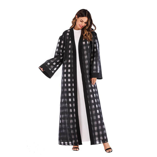 Muslim Plaid Loose Sleeved Lace Up Robe For Women - Mubimart
