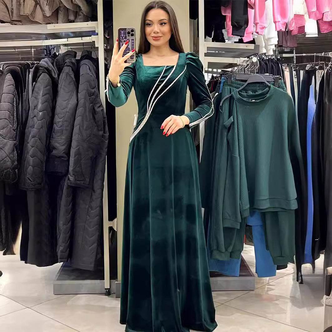 Long Sleeve Rhinestone Maxi Dress - Mubimart