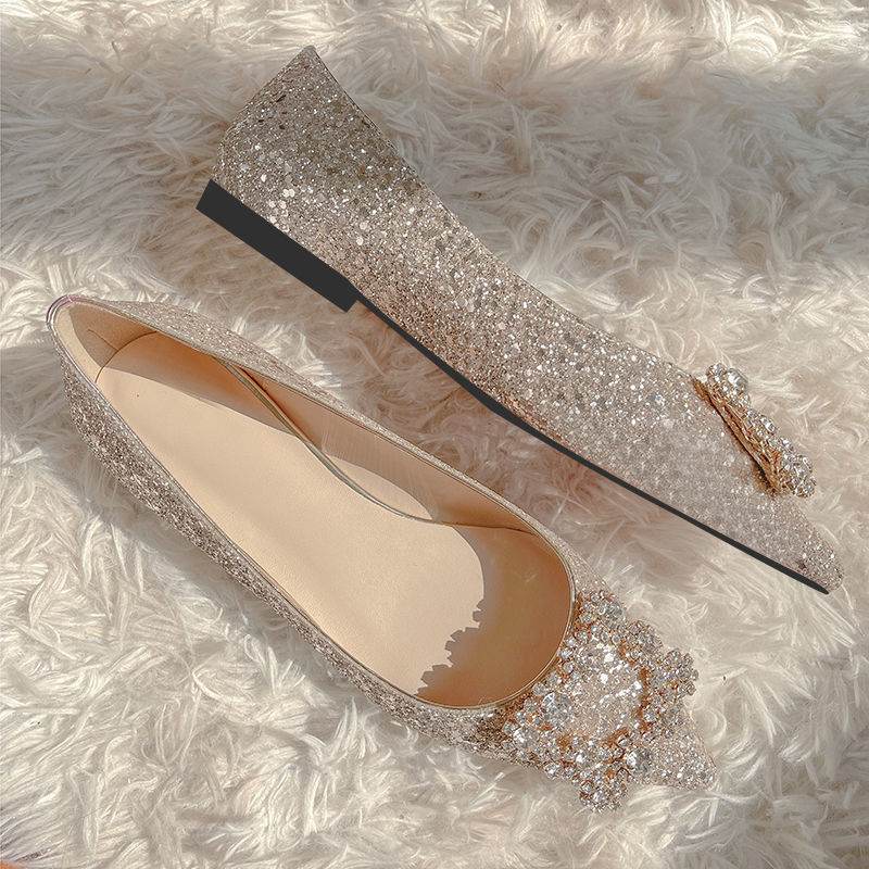 Women's Rhinestone Pearl Pointed Toe Flat Shoes - Mubimart