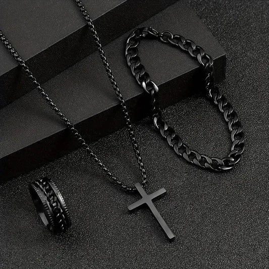 Men's Cross Necklace Ring Bracelet Suit - Mubimart