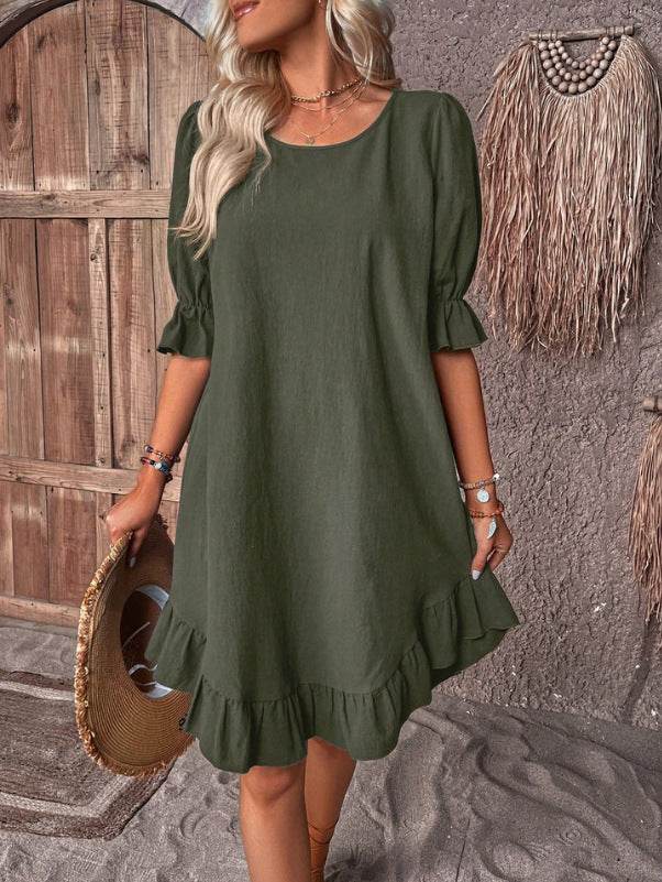 Fashion Ruffle Short-sleeved Dress Summer Solid Color Round Neck Loose Straight Dresses Womens Clothing - Mubimart
