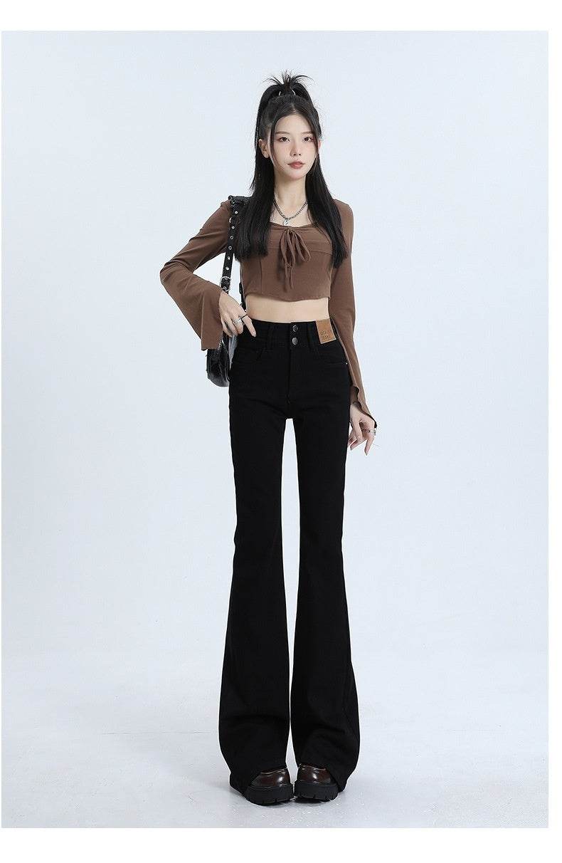 High Waist Slimming Hot Girl Double Buckle Slightly Flared Jeans Women - Mubimart