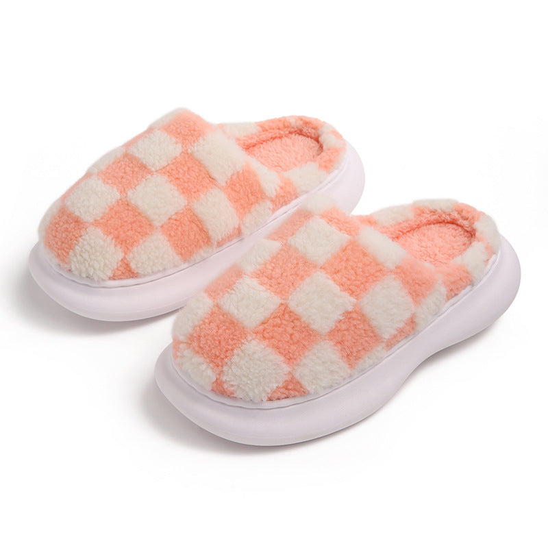 Checkerboard Plus Velvet Thick Cotton Slipper - Mubimart -  