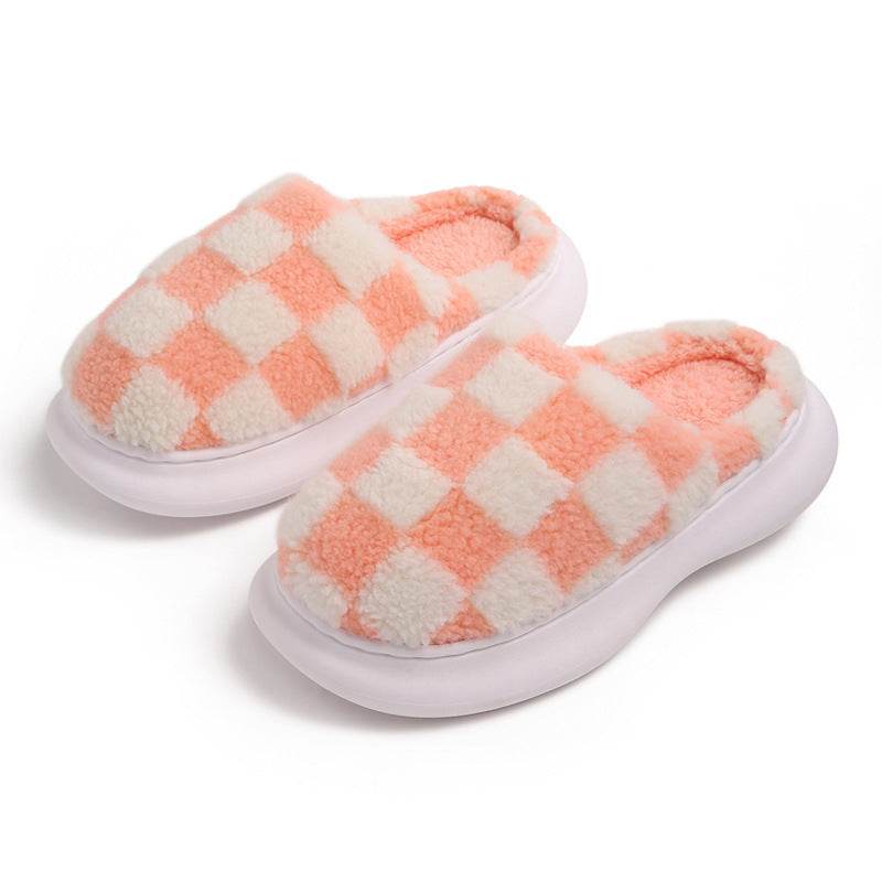 Checkerboard Plus Velvet Thick Cotton Slipper - Mubimart