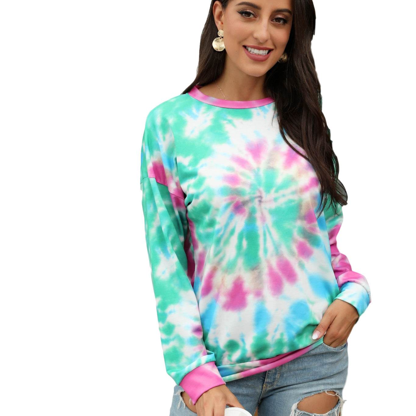 Women's Thin Pullover Plus Size Tie-dye Printed Gradient Pullover Sweatshirt Long Sleeve Harajuku Tops Femme New - Mubimart
