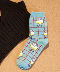 Milk Grid Crew Socks - Mubimart -  