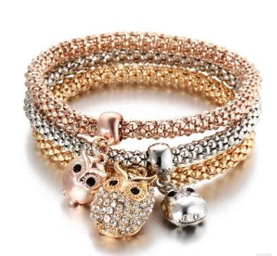 3 Pieces Set Crystal Bead Bracelet for Women Decorated with Crystal Owl Charm - Mubimart