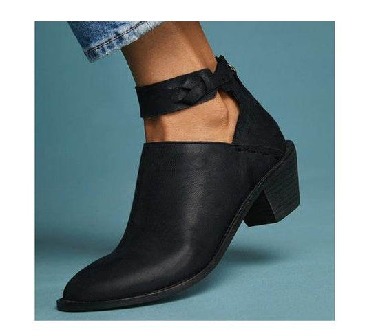 Women Cut Out Booties Buckle Strap Back Zipper Leather Ankle Casual Boots Female Shoes Calzado Mujer - Mubimart