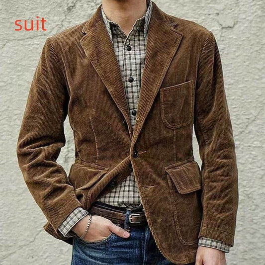 Corduroy Jacket Winter Solid Color Casual Blazer Fashion Warm Men Coat - Mubimart
