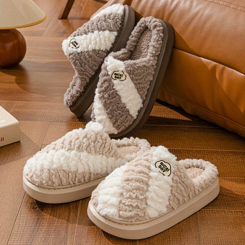 Fashion Color-matching Home Slippers Non-slip Couple House Shoes Winter Warm Floor Bedroom Slipper For Women Men - Mubimart
