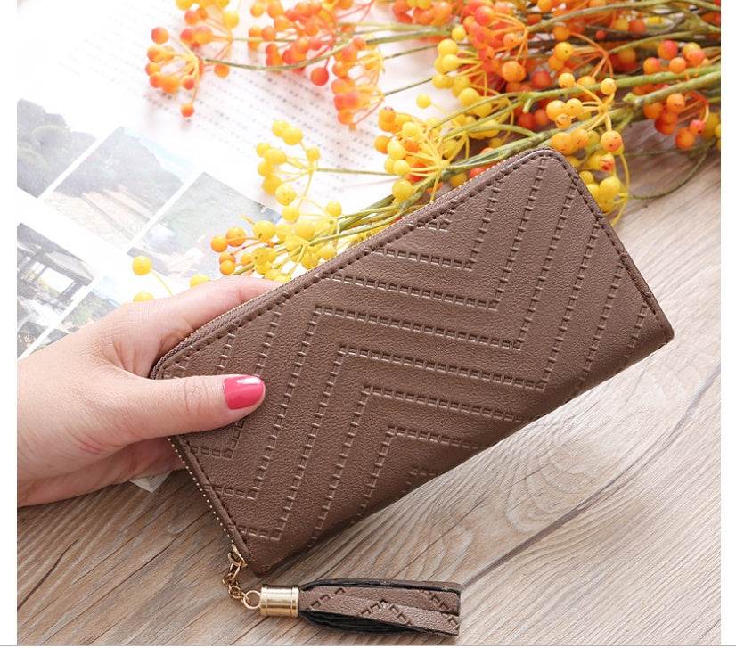 New women's wallet single pull fringed bag long zipper student bag clutch bag - Mubimart