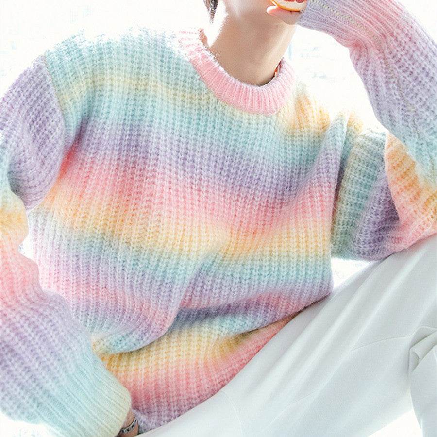 Mens Fashion Gradient Tie-Dye Loose Sweater Jacket - Mubimart