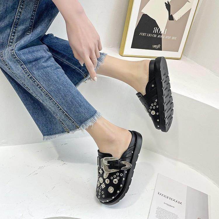 Toe Cap Semi Slipper New British Retro Platform Rivet Flat Shoes - Mubimart