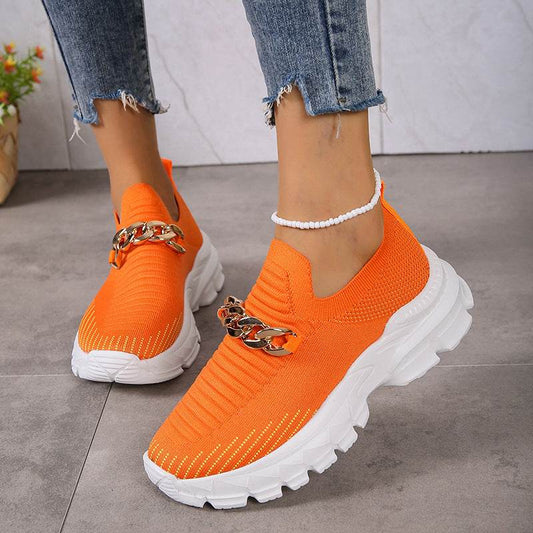 Fashion Chain Design Mesh Shoes For Women Breathable Casual Soft Sole Walking Sock Slip On Flat Shoes - Mubimart