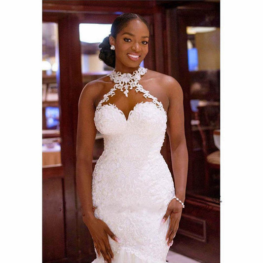 Vintage Lace Beaded Wedding Dresses Sheer Neck Mermaid Bridal Dresses Sexy Cheap Wedding Gowns - Mubimart