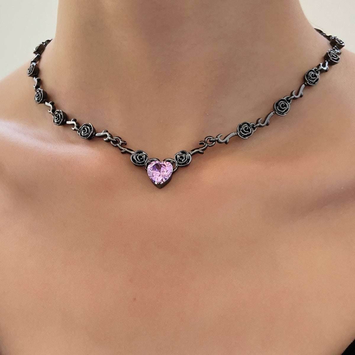 Rhinestone Love Rose Chain Necklace For Women - Mubimart