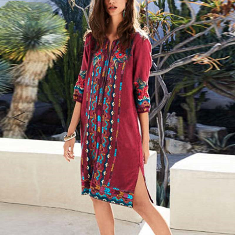 Printed casual tunic dress bohemian - Mubimart -  