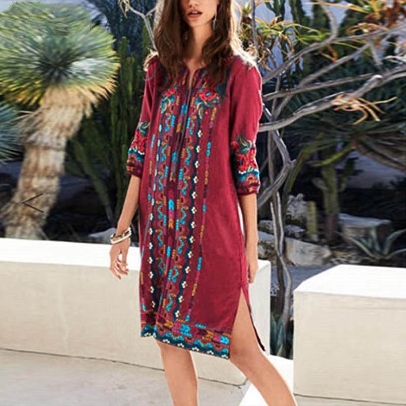 Printed casual tunic dress bohemian - Mubimart