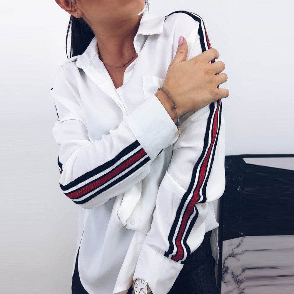 Blouse Women Casual White Stripe Long Sleeve Botton Shirt - Mubimart