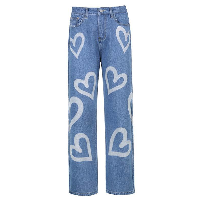 Love graffiti women high waist straight slim jeans - Mubimart