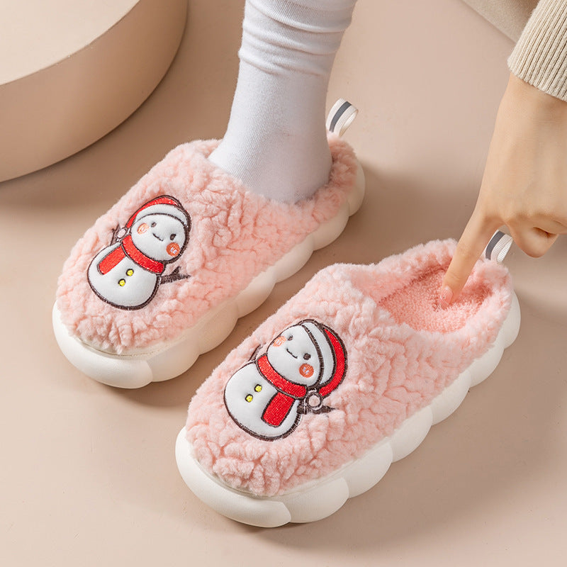 Cute Snowman Slippers Winter Indoor Household Warm Plush Thick-Soled Anti-slip Couple Home Slipper Soft Floor Bedroom House Shoes - Mubimart -  