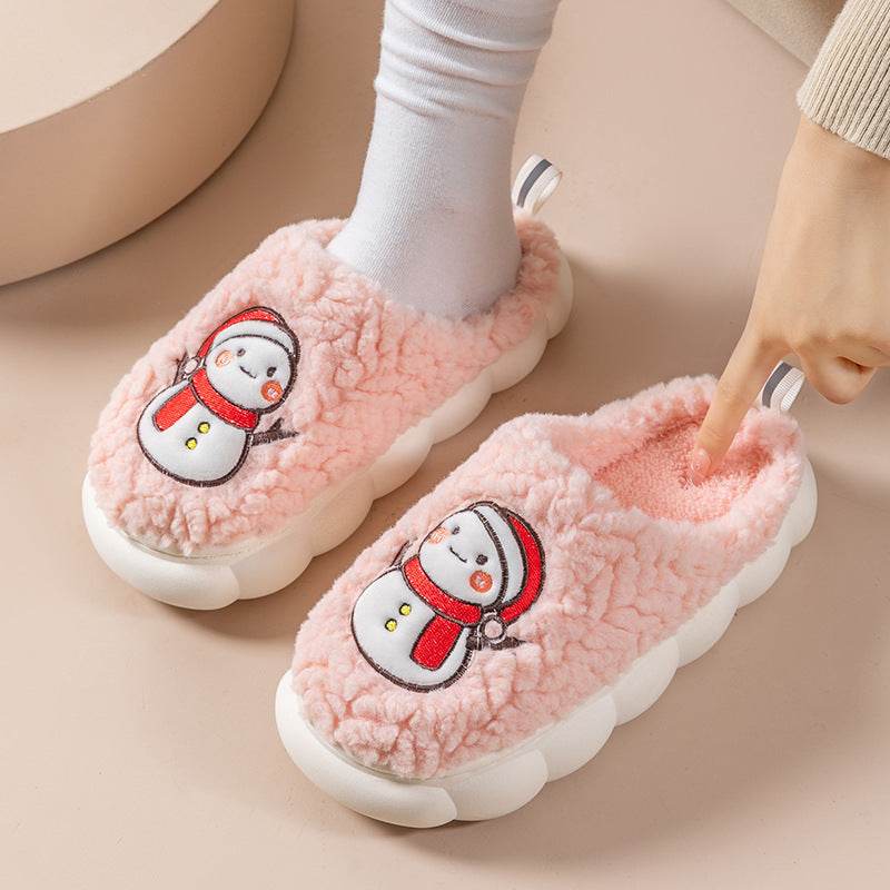 Cute Snowman Slippers Winter Indoor Household Warm Plush Thick-Soled Anti-slip Couple Home Slipper Soft Floor Bedroom House Shoes - Mubimart