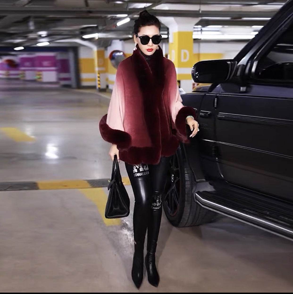 Plus Size Women's Knit Cardigan Jacket Fur Collar Gradient Shawl Cape - Mubimart
