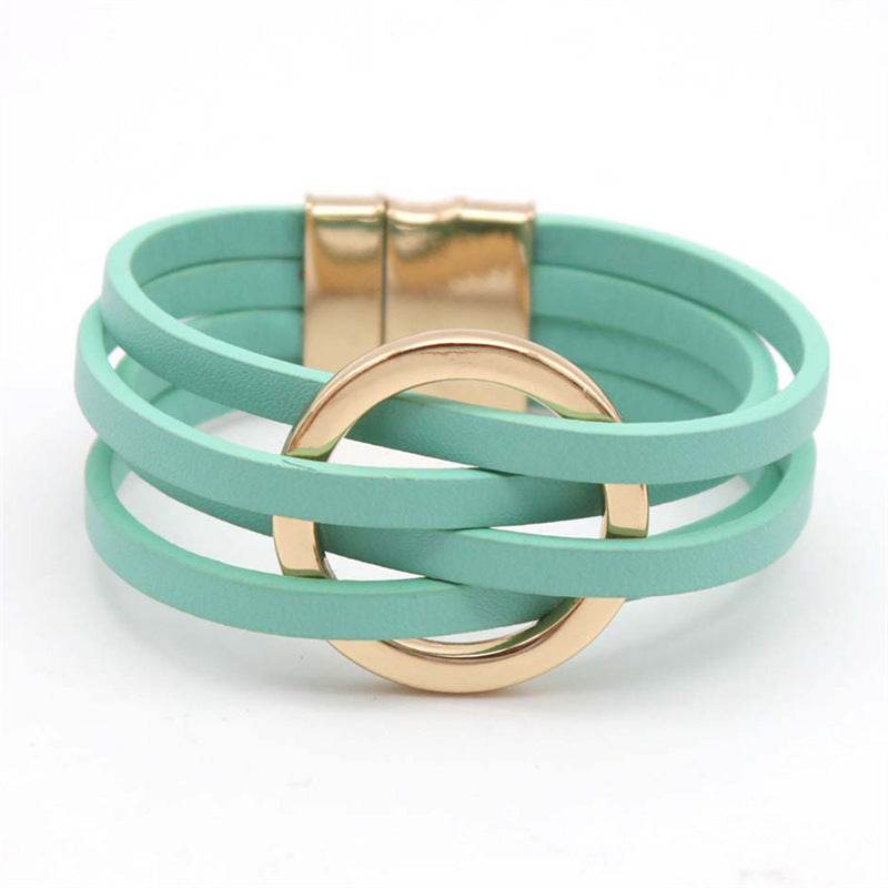 Cross Leather Women Bracelet Metal Big Ring Cuff Bangle Multi-layer Wristband Magnetic Snap Bangle - Mubimart