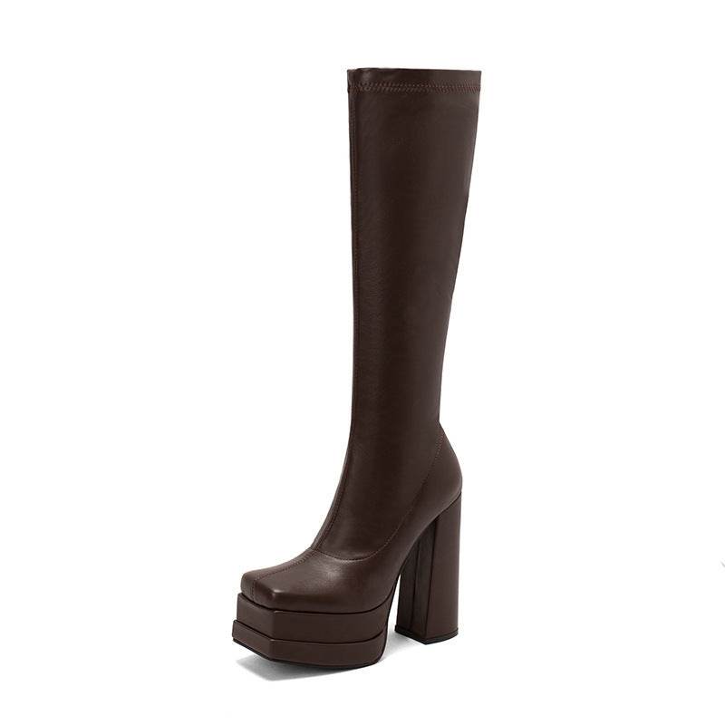 Women's Square Toe Side Zip High Boots - Mubimart