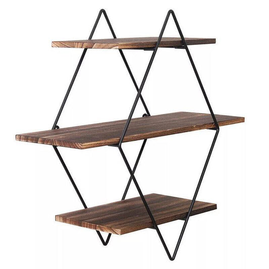 3 Tiered Floating Wall Mounted Display Shelf Wooden Shelves Black Frame Shelving - Mubimart