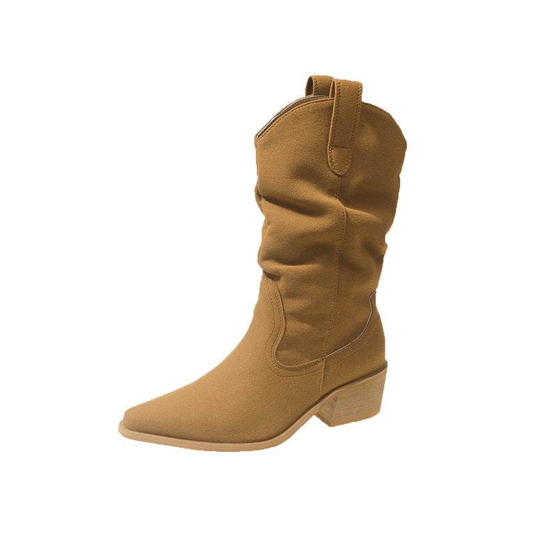 Autumn And Winter New Retro Pointed Chunky Heel Western Cowboy Boot - Mubimart