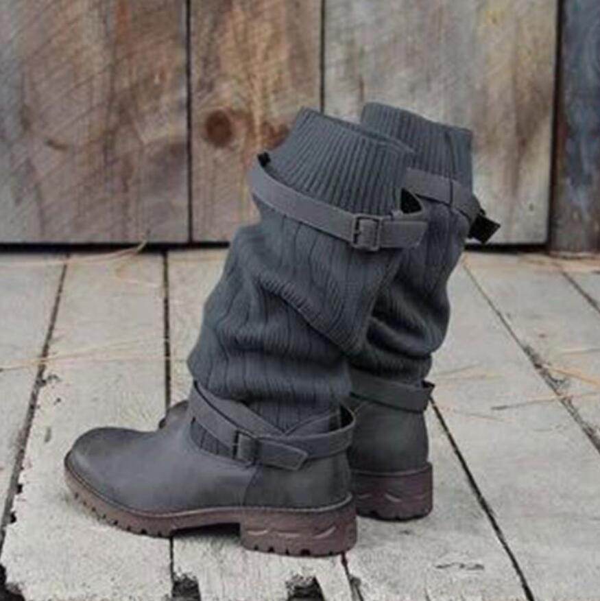 Vintage Style Winter Women Lady Warm Plush Fur Knitted Woolen Cotton Booties Martin Boot Shoes - Mubimart
