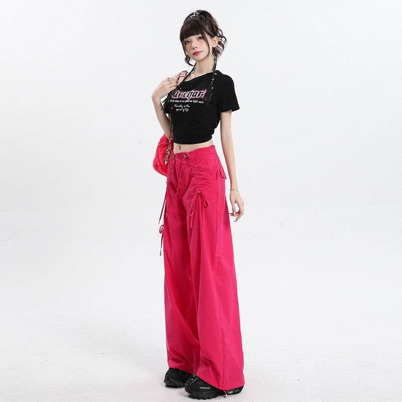 Straight Cargo Pants Women Bow Drawstring Wide Leg Track Pants - Mubimart