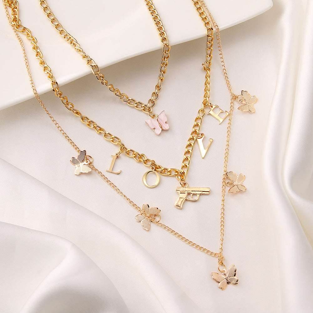 Chain Butterfly Necklace Women Multilayer Pendant Necklace Set Women - Mubimart