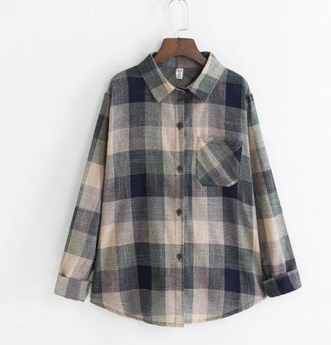 Girl Cotton Blouses Long Sleeve Plaid Blouse - Mubimart