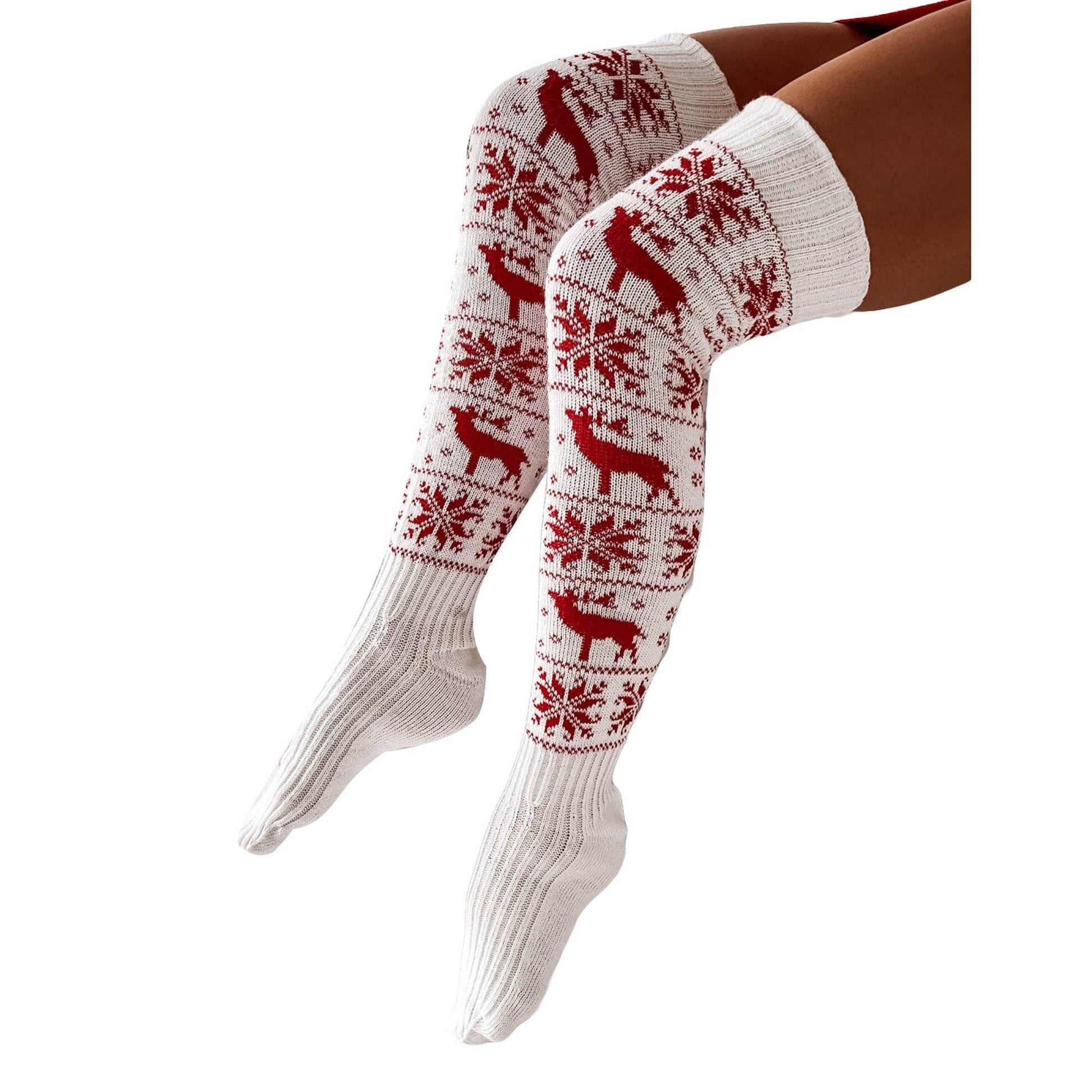 Women Long Socks Christmas Women Knitted Cotton Woolen Stocking Warm Thigh High Over The Knee Cute Deer Printing Socks Twist Cable Crochet - Mubimart