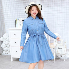 Tencel Denim Simple Plus Size Women's Long Sleeve Dress Denim Plus Size Skirt - Mubimart -  