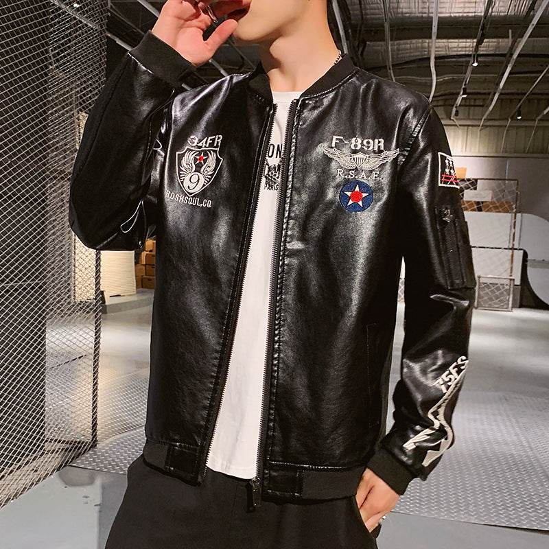 Men's Motorcycle Leather Jacket Embroidered Leather Jacket - Mubimart