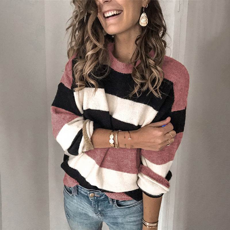 Plus size women's contrast striped sweater - Mubimart