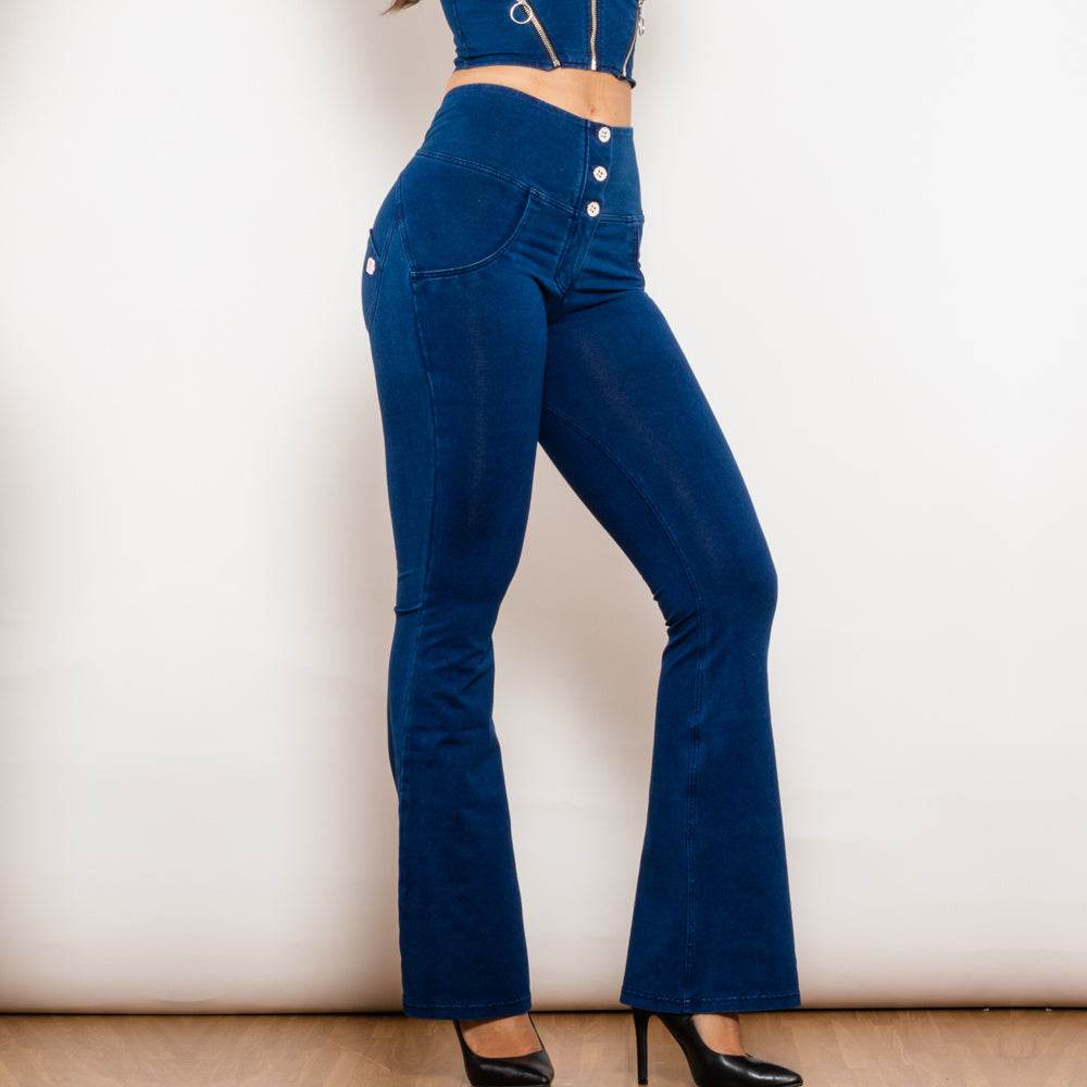 Shascullfites Melody Dark Blue Flared Lift Jeggings Button Up Jeans Bum Lift Jeans High Waist Flare Jeans Women - Mubimart