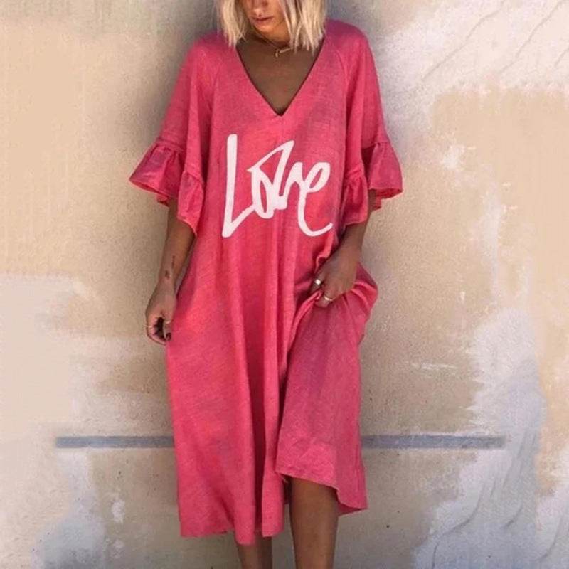V-neck Lotus Leaf Sleeve Plus Size Dress Printing Fashion Casual Midi Skirt - Mubimart