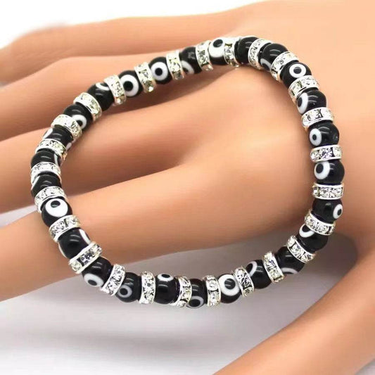 6mm Glass Beaded Alloy Diamond Beaded Elastic Bracelet for Women - Mubimart