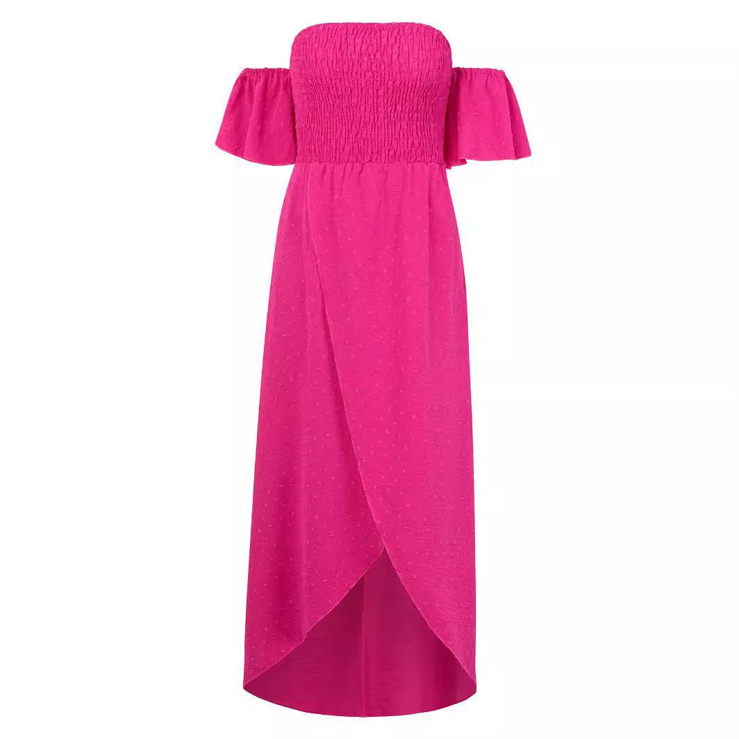 Sexy Off-shoulder Slit Dress Summer Fashion Pleated Ruffle Long Dresses For Beach Womens Clothing - Mubimart
