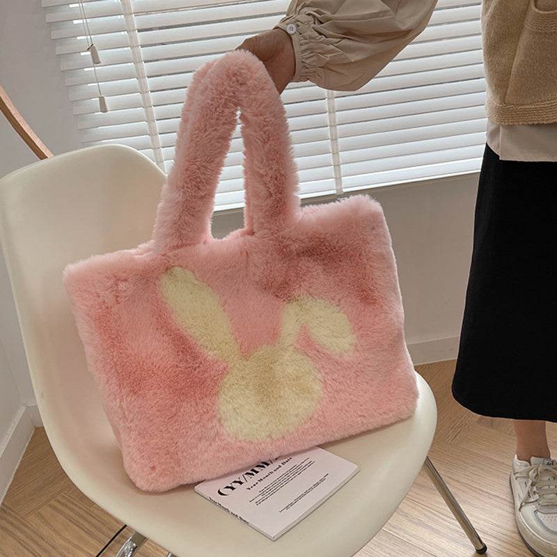 Cute Cartoon Rabbit Ears Plush Bag Autumn And Winter Shoulder Bag Shopping Handbags Large Capacity Personalized Tote Bags For Women - Mubimart