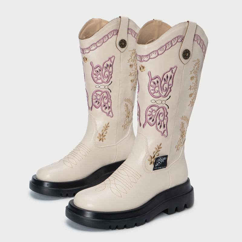 All-match Butterfly Embroidery Cowboy Boot - Mubimart