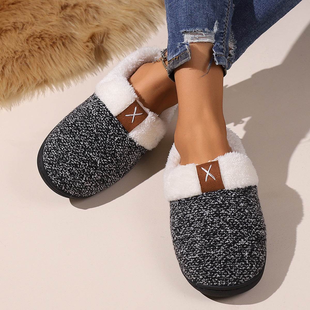 Winter Plush Slippers Fashion Thick Bottom Warm House Shoes For Women Men Indoor Bedroom Floor Slipper - Mubimart