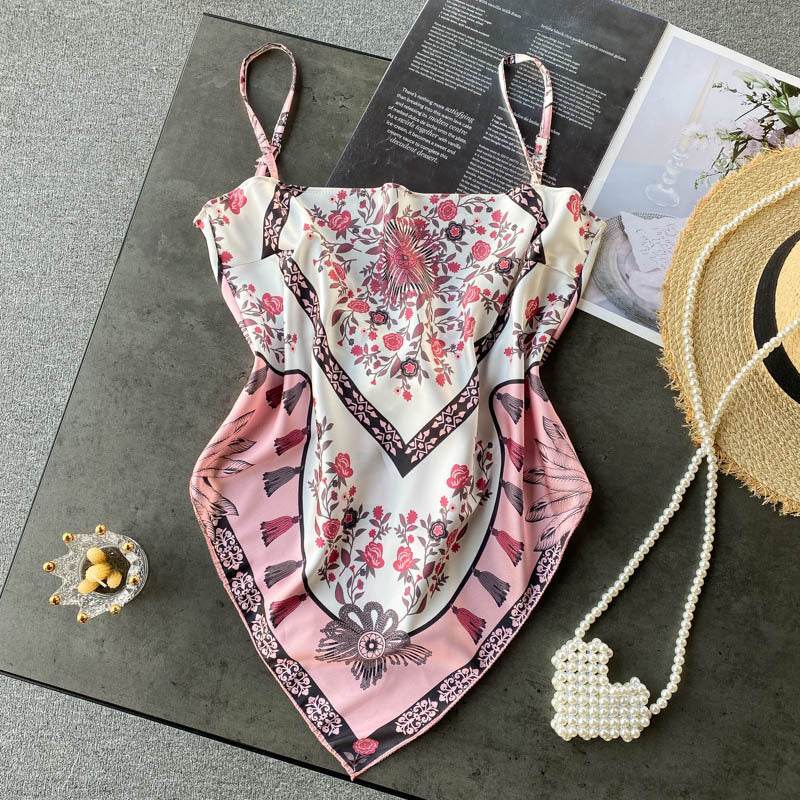 Abdominal Camisole Print Open-Back Top - Mubimart