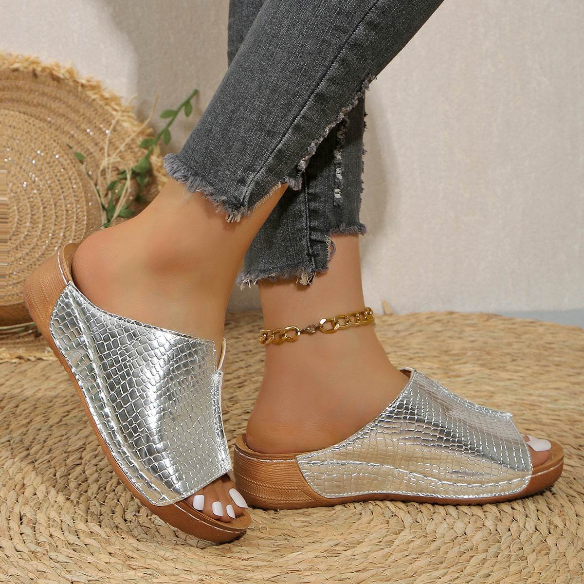 Peep Toe Wedge Fashion Simple Slip-on Fashion Sandal Slippers - Mubimart