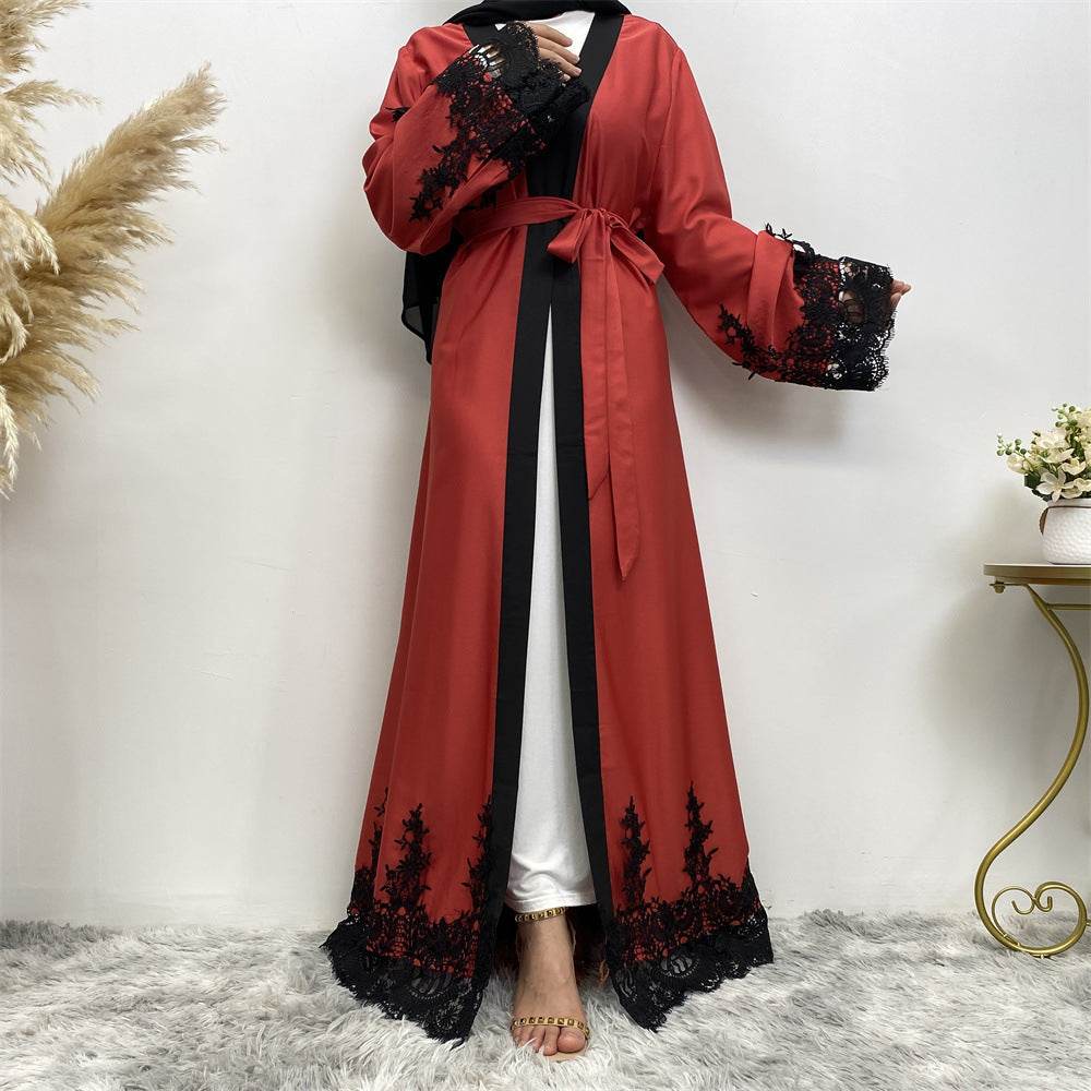 Muslim Fashion Lace Patchwork Loose Cardigan Robe For Women - Mubimart
